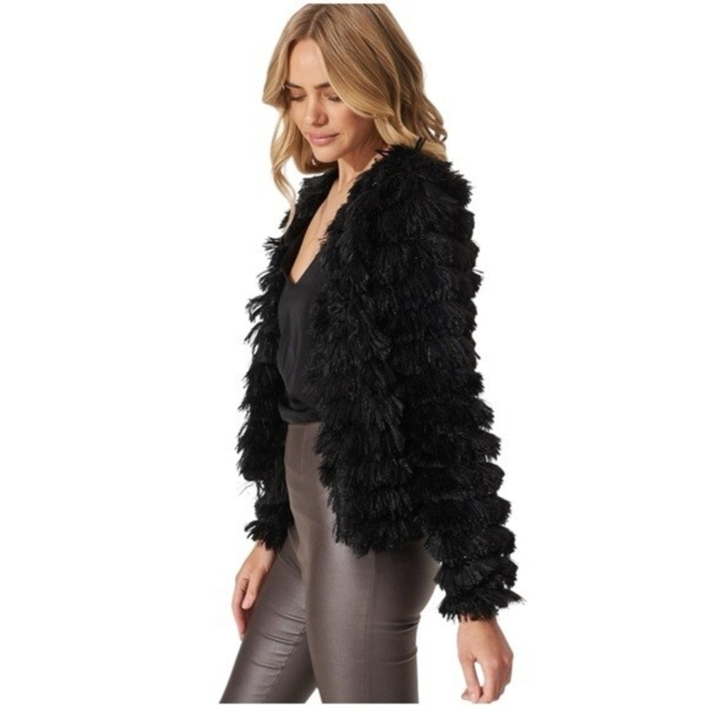 ELYSIAN Fluffy Yarn Faux Fur Black Open Front Fleece Jacket Women’s S